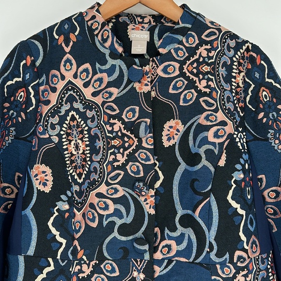 CHICOS 0 Jacquard Embroidered Jacket  Blue Metallic Lined Career Boho- Women’s - Picture 3 of 12